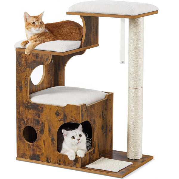 FEANDREA Ansamblu de joaca pentru pisici, tip mobilier, MDF, cu 3 culcusuri si ascunzatoare, 66x40x86cm, maro rustic