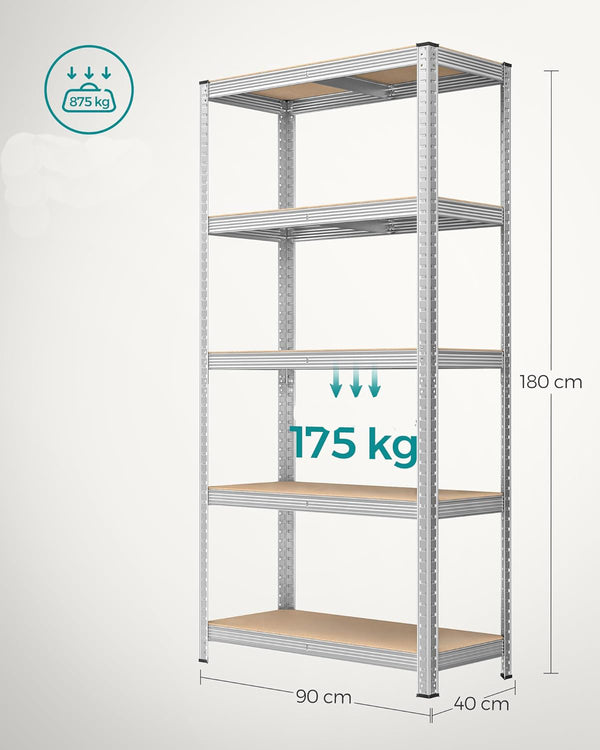 SONGMICS Set de 2 Rafturi de depozitare, cadru din otel armat, polite din MDF, max 2x875kg, 180x90x40cm, gri