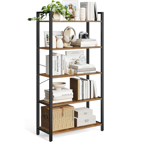 VASAGLE Biblioteca tip scara 80x30x153 cm, 5 rafturi deschise, stil industrial, maro rustic