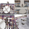 Cos de picnic echipat pentru 4 persoane Deluxe, din rachita, cu vesela si tacamuri, izolat termic, gri