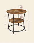 VASAGLE Masuta laterala rotunda, tip noptiera, cu 2 rafturi, cadru de otel, 55x55cm, maro rustic