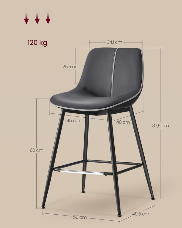 VASAGLE Set 2 scaune de bar, spatar ergonomic din piele artificiala, cadru metalic, 50x50x88 cm, negru