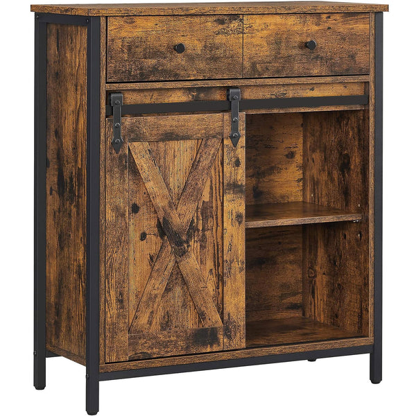 VASAGLE Comoda pentru living sau bucatarie, cu 2 sertare si usa glisanta, rafturi reglabile, stil rustic, 30x70x80cm, maro si negru