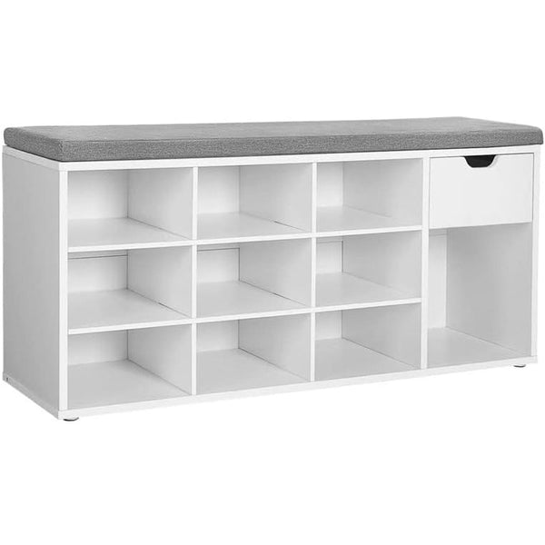 VASAGLE Banca de depozitare cu suport pentru pantofi, 10 compartimente si dulap, cu perna, 30x104x48cm, alb