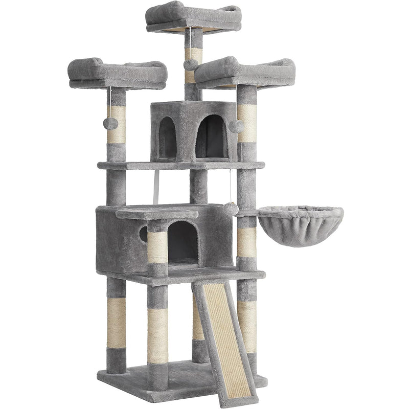 FEANDREA Ansamblu de joaca pentru pisici, tip copac, cu 4 culcusuri si 2 ascunzatoare, 54x49x169cm, gri