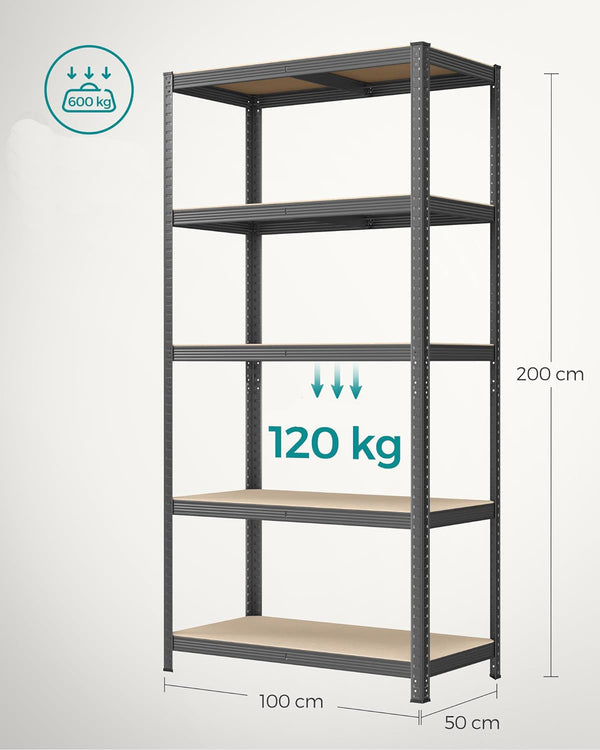 SONGMICS Raft de depozitare metalic, cu rafturi din MDF, 5 polite, max. 600 kg, 200x100x50cm, gri