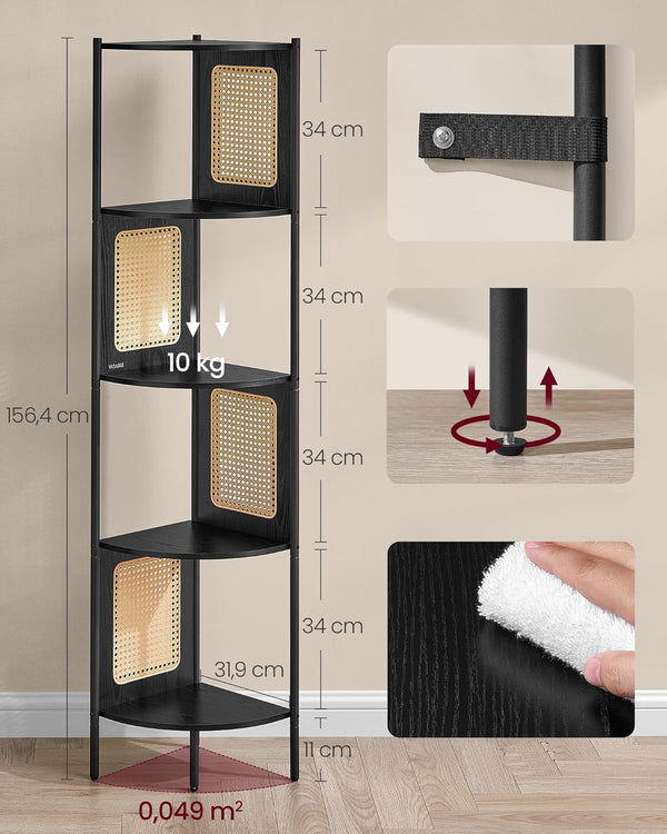 VASAGLE Raft de colt boho, cadru metalic, polite MDF si panouri poliratan, 32x32x156cm, negru