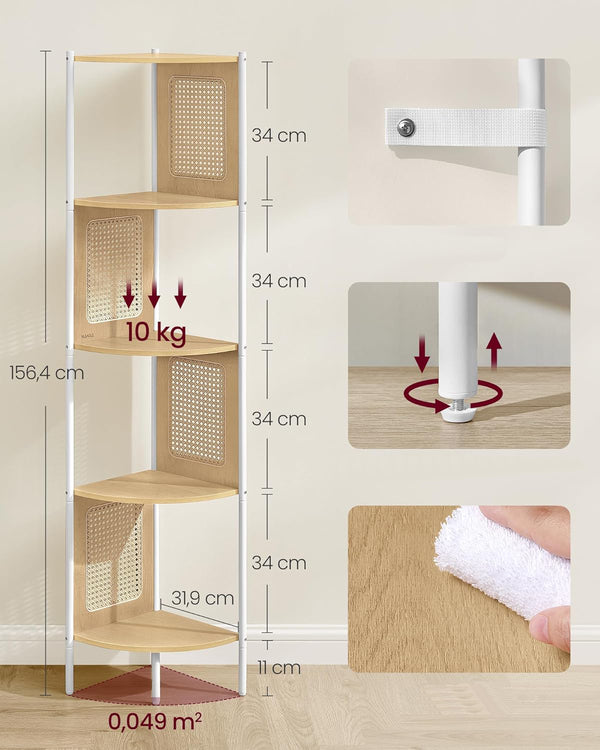 VASAGLE Raft de colt boho, cadru metalic, polite MDF si panouri poliratan, 32x32x156cm, bej