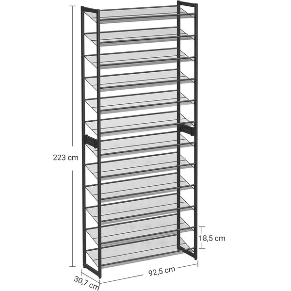SONGMICS Raft pentru pantofi suprapozabil, pe 12 nivele, din metal, cu rafturi reglabile, pentru 48-60 perechi, 31x 93x223cm, negru