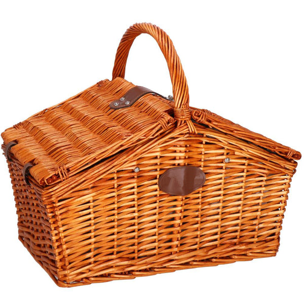 Cos de picnic echipat pentru 4 persoane Deluxe, din rachita, cu vesela si tacamuri, izolat termic, maro
