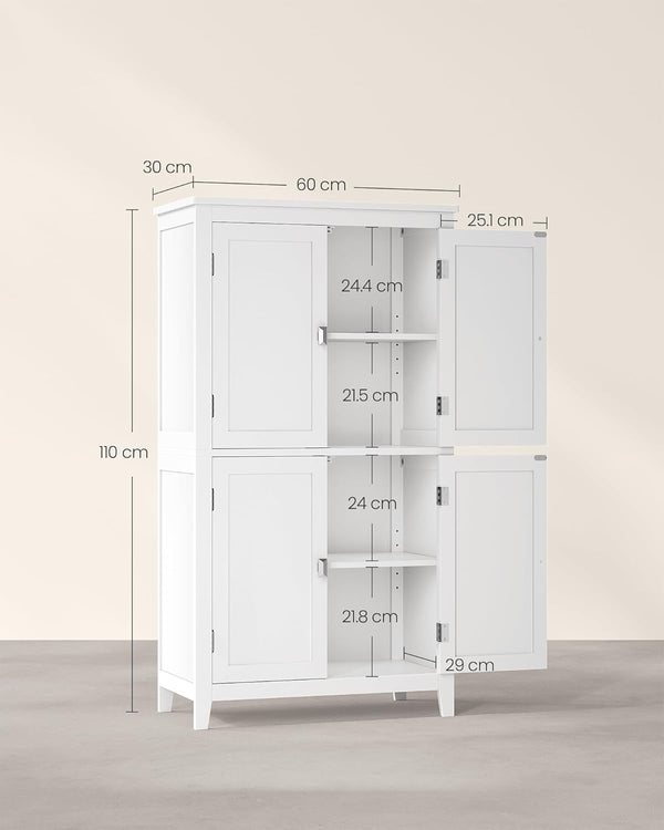 VASAGLE Dulap de baie, din MDF, cu 2 compartimente si 4 usi, rafturi reglabile, 30x60x110cm, alb
