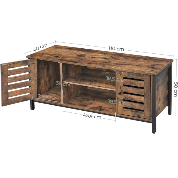 VASAGLE Comoda joasa pentru suport TV, cu rafturi si 2 spatii de depozitare cu usa, stil industrial, 110x40x50cm, maro rustic si negru
