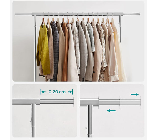 SONGMICS Suport pentru haine cu sina superioara extensibila, pe roti, reglabil pe latime, 45x(110-150)x160cm, inox argintiu