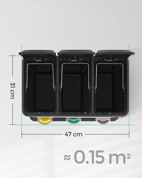 SONGMICS Cos de gunoi din otel cu 3 compartimente colectare selectiva, cu galeti interioare, 3x8litri, negru mat