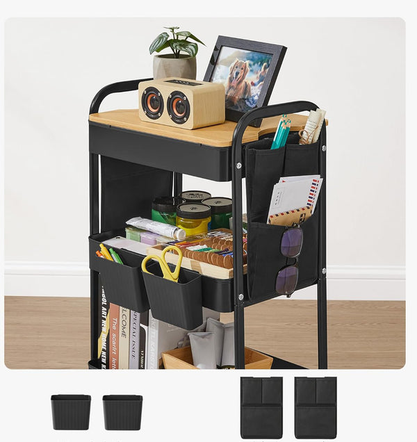 SONGMICS Raft de depozitare mobil tip carucior rulant, pentru baie sau bucatarie, cadru otel cu blat MDF, 31x44x74 cm, negru