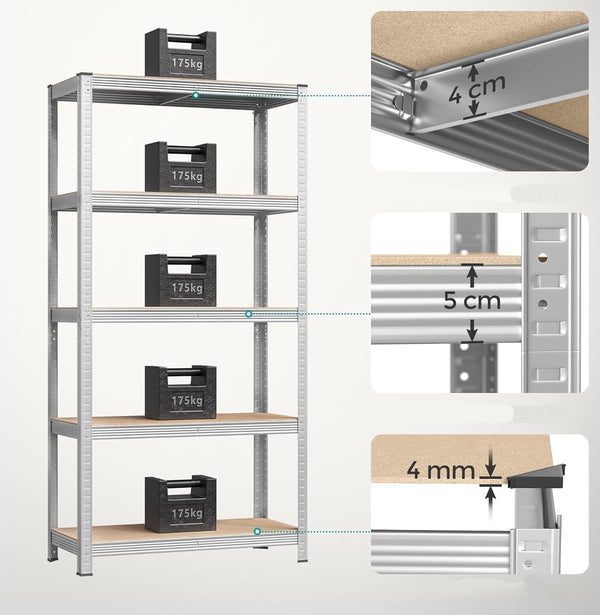 SONGMICS Set de 2 Rafturi de depozitare, cadru din otel armat, polite din MDF, max 2x875kg, 180x90x40cm, gri