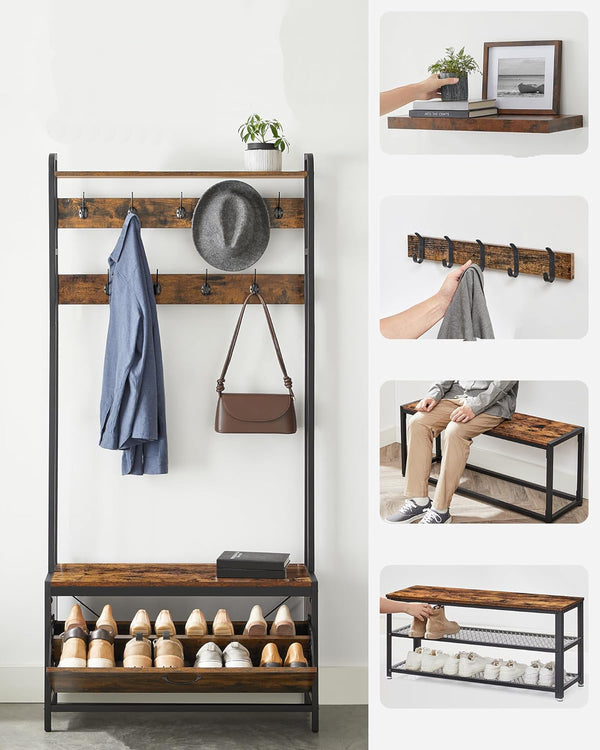 VASAGLE Cuier cu dulap de depozitare pantofi, cadru din otel, stil industrial, 32x85x180cm, maro rustic