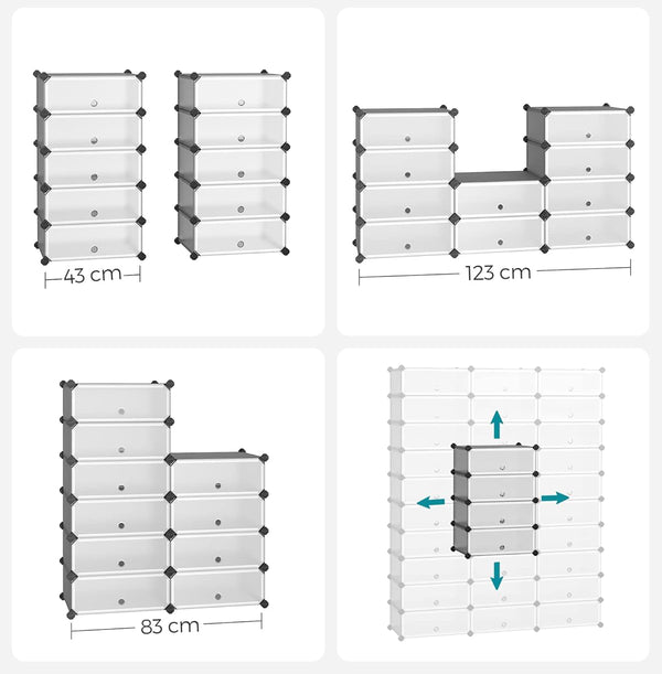 SONGMICS Dulap de depozitare pantofi modular, configurabil cu 10 compartimente, 43x31x173 cm, gri