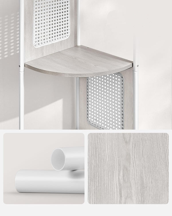 VASAGLE Raft de colt boho, cadru metalic, polite MDF si panouri poliratan, 32x32x156cm, alb