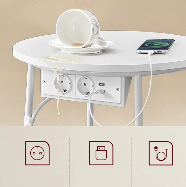 VASAGLE Masuta de cafea rotunda cu cos de stofa, statie de incarcare 2 prize si 2 USB, 45x50cm, alb