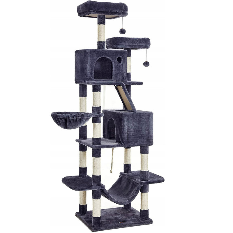 FEANDREA Ansamblu de joaca pentru pisici, tip copac, cu 3 culcusuri, hamac si 2 ascunzatoare, 60x50x206cm, gri inchis