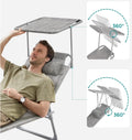 SONGMICS Sezlong pliabil, cu parasolar si tetiera, spatar reglabil in 4 pozitii, maxim 150kg, 193x53x29cm, gri deschis