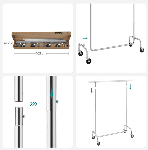 SONGMICS Suport pentru haine cu sina superioara extensibila, pe roti, reglabil pe latime, 45x(110-150)x160cm, inox argintiu