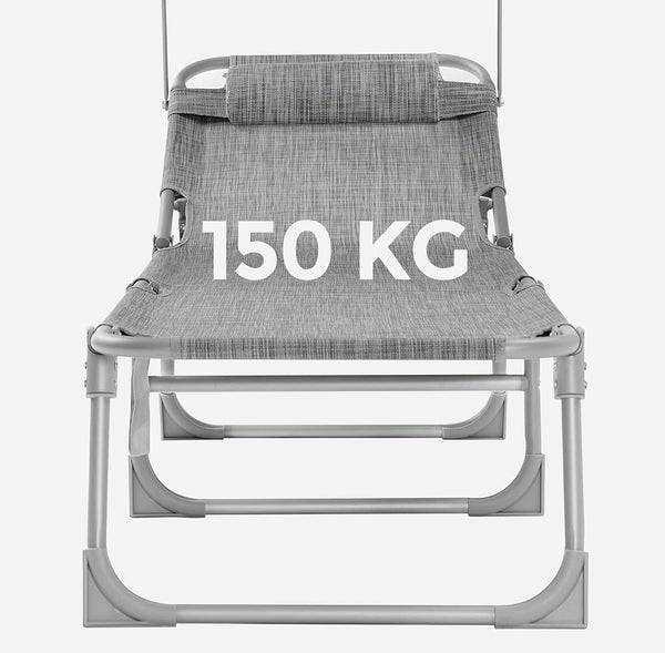 SONGMICS Sezlong pliabil, cu parasolar si tetiera, spatar reglabil in 4 pozitii, maxim 150kg, 193x53x29cm, gri deschis