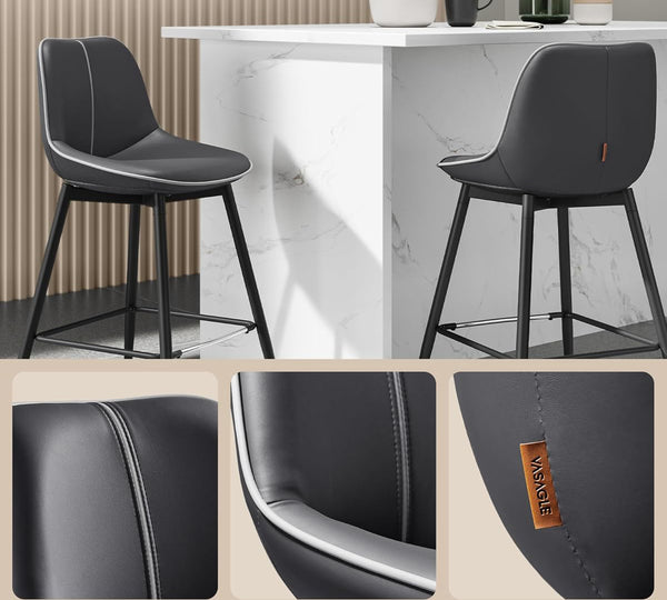VASAGLE Set 2 scaune de bar, spatar ergonomic din piele artificiala, cadru metalic, 50x50x88 cm, negru