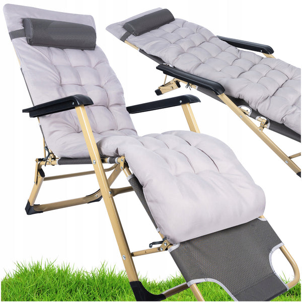 Sezlong pliabil pentru plaja sau gradina, cu perna si tetiera, functie pat, 64x178cm, gri