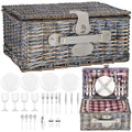 Cos de picnic echipat pentru 4 persoane Deluxe, din rachita, cu vesela si tacamuri, izolat termic, gri