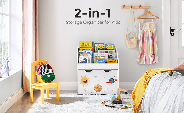 SONGMICS Organizator de jucarii si carti pentru copii, multifunctional, cutie detasabila cu roti, 63x30x70cm, alb