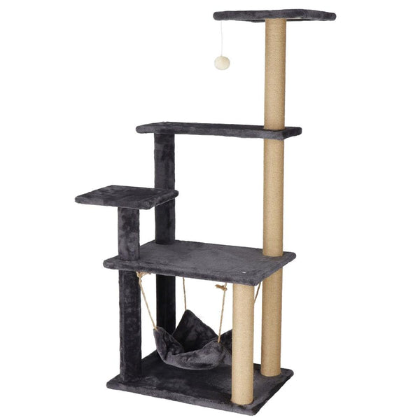 Ansamblu de joaca pentru pisici, cu loc pentru zgariat, hamac, minge, 121cm, grafit