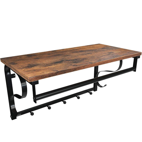 VASAGLE Cuier de perete cu raft de depozitare si sina, 5 carlige, 30x60x32 cm, maro rustic