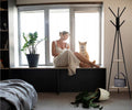 Cuier hol, metalic, 2 rafturi MDF, design minimalist, 180 cm, negru