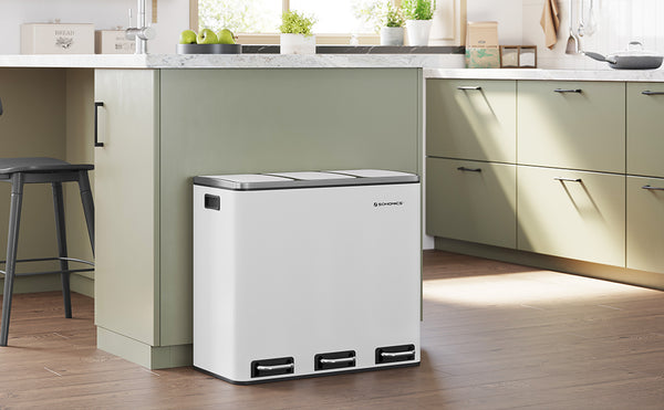 SONGMICS Cos de gunoi din inox cu 3 compartimente colectare selectiva, cu galeti interioare, 3x18litri, 62x32x56cm, alb
