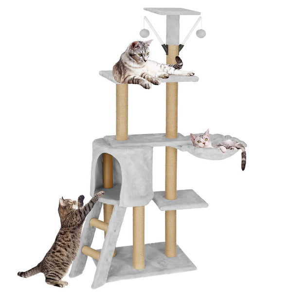 Ansamblu de joaca pentru pisici, cu loc pentru zgariat, ascuns, culcus, soricei, 136cm, gri