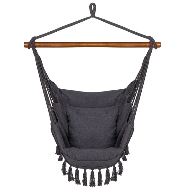 Hamac tip leagan suspendat pentru casa sau gradina HM45, gri inchis cu perne, 130x100cm, 150kg