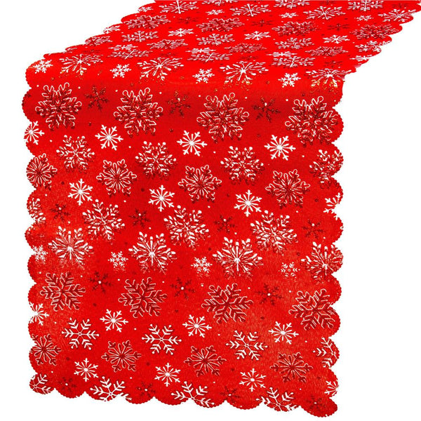 Fata de masa pentru decor, cu motive de Craciun, din stofa, 34x187cm, rosu