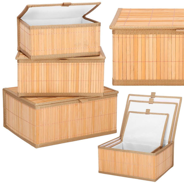 Set 3 cutii organizatoare din bambus, cu capac, diverse dimensiuni, maro