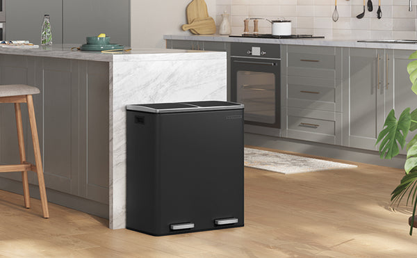 SONGMICS Cos de gunoi din inox cu 2 compartimente colectare selectiva, cu galeti interioare, 2x30litri, negru