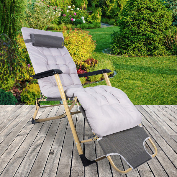 Sezlong pliabil pentru plaja sau gradina, cu perna si tetiera, functie pat, 64x178cm, gri