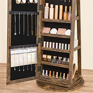 SONGMICS Oglinda de podea cu suport rotativ la 360°, cu spatiu de depozitare, 55x55x161cm, maro rustic