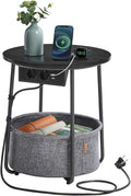 VASAGLE Masuta de cafea rotunda cu cos de stofa, statie de incarcare 2 prize si 2 USB, 45x50cm, negru
