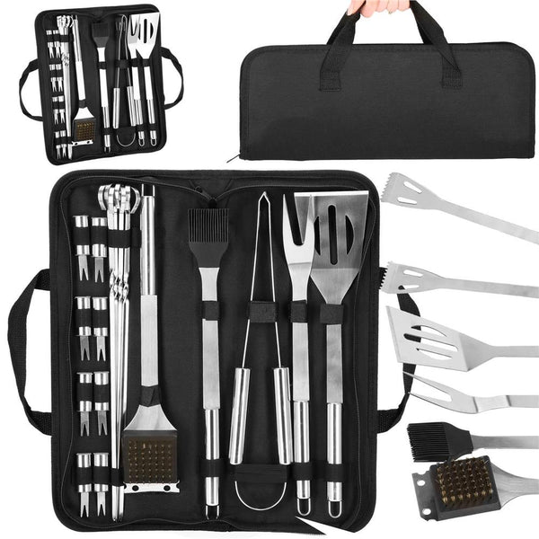 Set accesorii pentru gratar din inox, 20 de piese inclusiv perie, husa transport