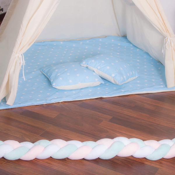 Cort copii Sersimo stil indian Teepee Tent cu fereastra, covoras gros si 2 perne, alb albastru