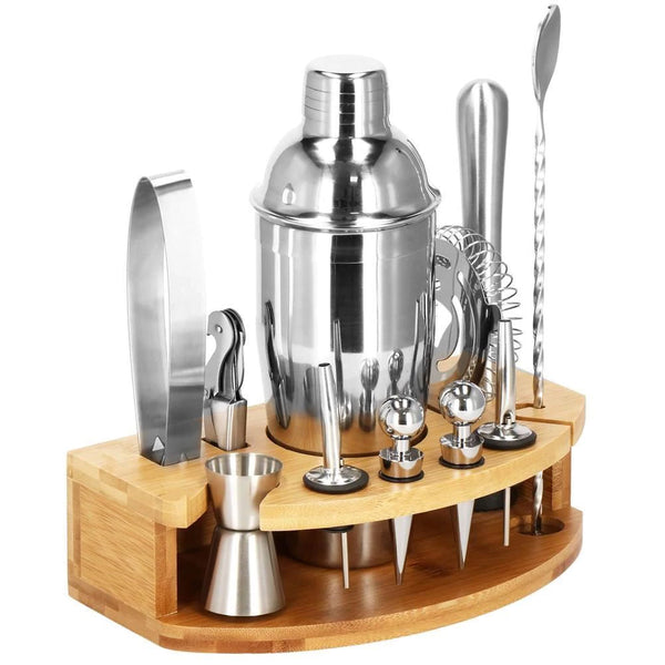 Set Cocktail Shaker Kit pentru barmani 750ml, KI12, suport bambus, 12 piese