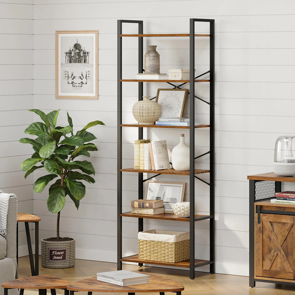 VASAGLE Biblioteca cu cadru otel si 6 polite, stil industrial, 66x30x186cm, maro rustic si negru