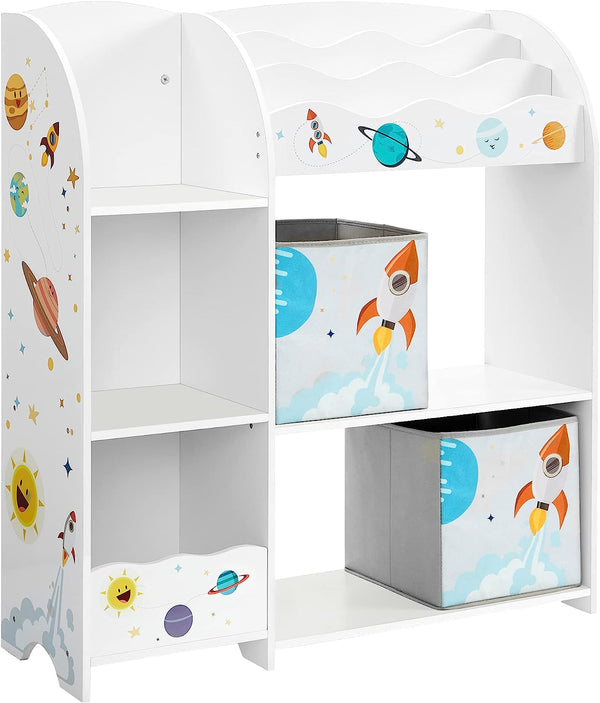 SONGMICS Organizator de jucarii si carti pentru copii, multifunctional cu 2 cutii de depozitare, 93x30x100cm, alb