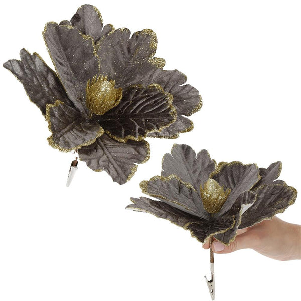 Set 5 ornamente pentru bradul de Craciun, stea Poinsettia, 23cm, gri auriu